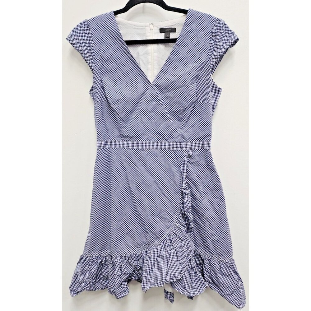 J.Crew Womens Ruffle Faux Wrap Mini Dress Size 6 White Blue Gingham Cap Sleeve